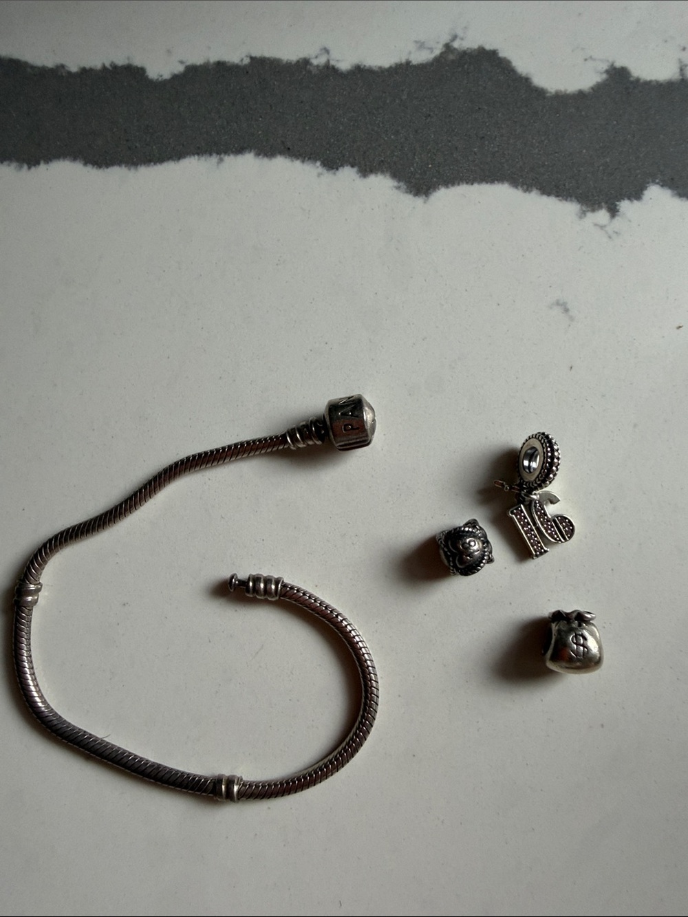 Pandora Silver Snake Chain Bracelet with Mixed Silver Charms